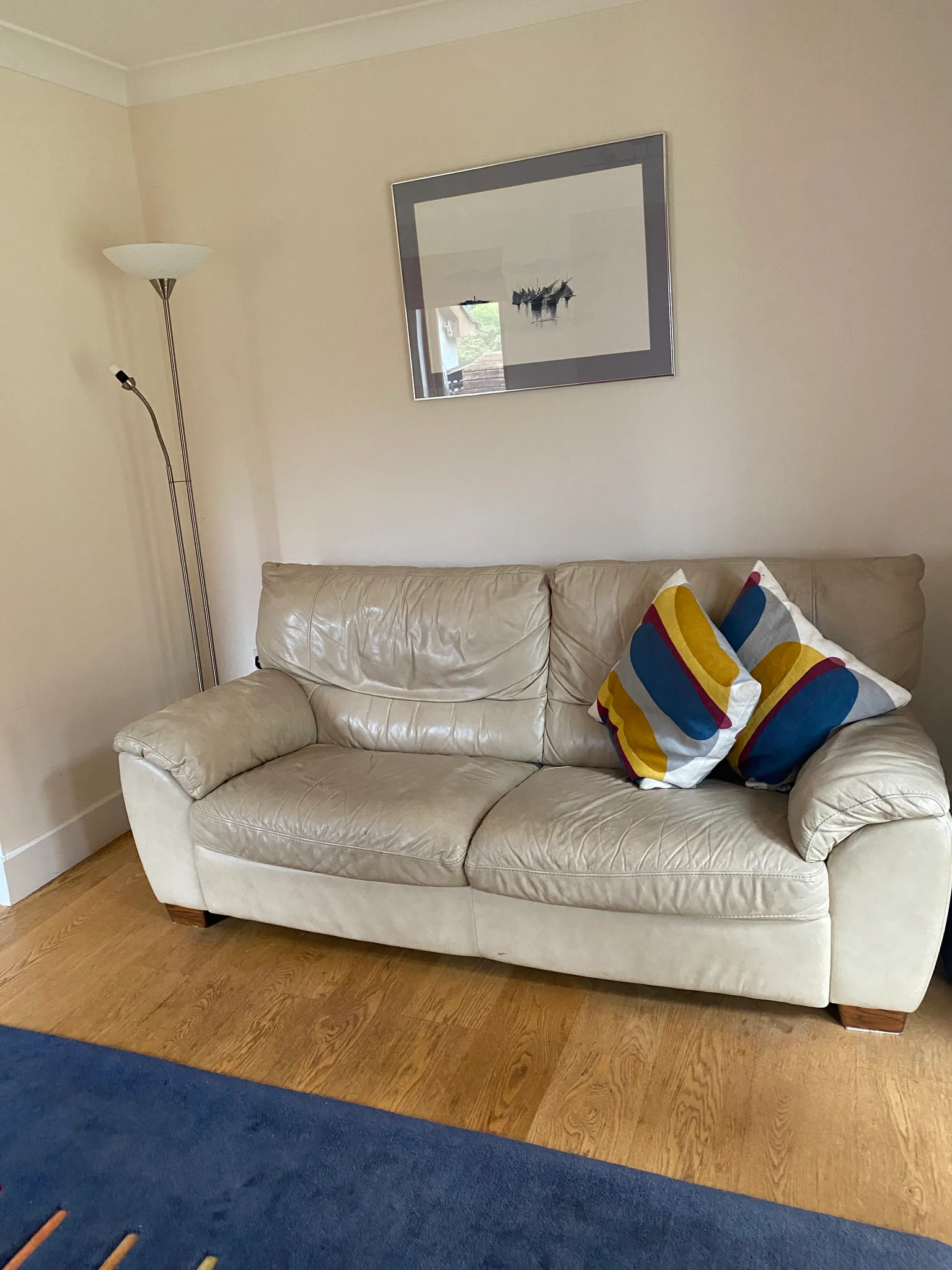 Living room with a light-coloured leather sofa, two multicoloured throw pillows, a floor lamp and framed artwork on a pale wall.