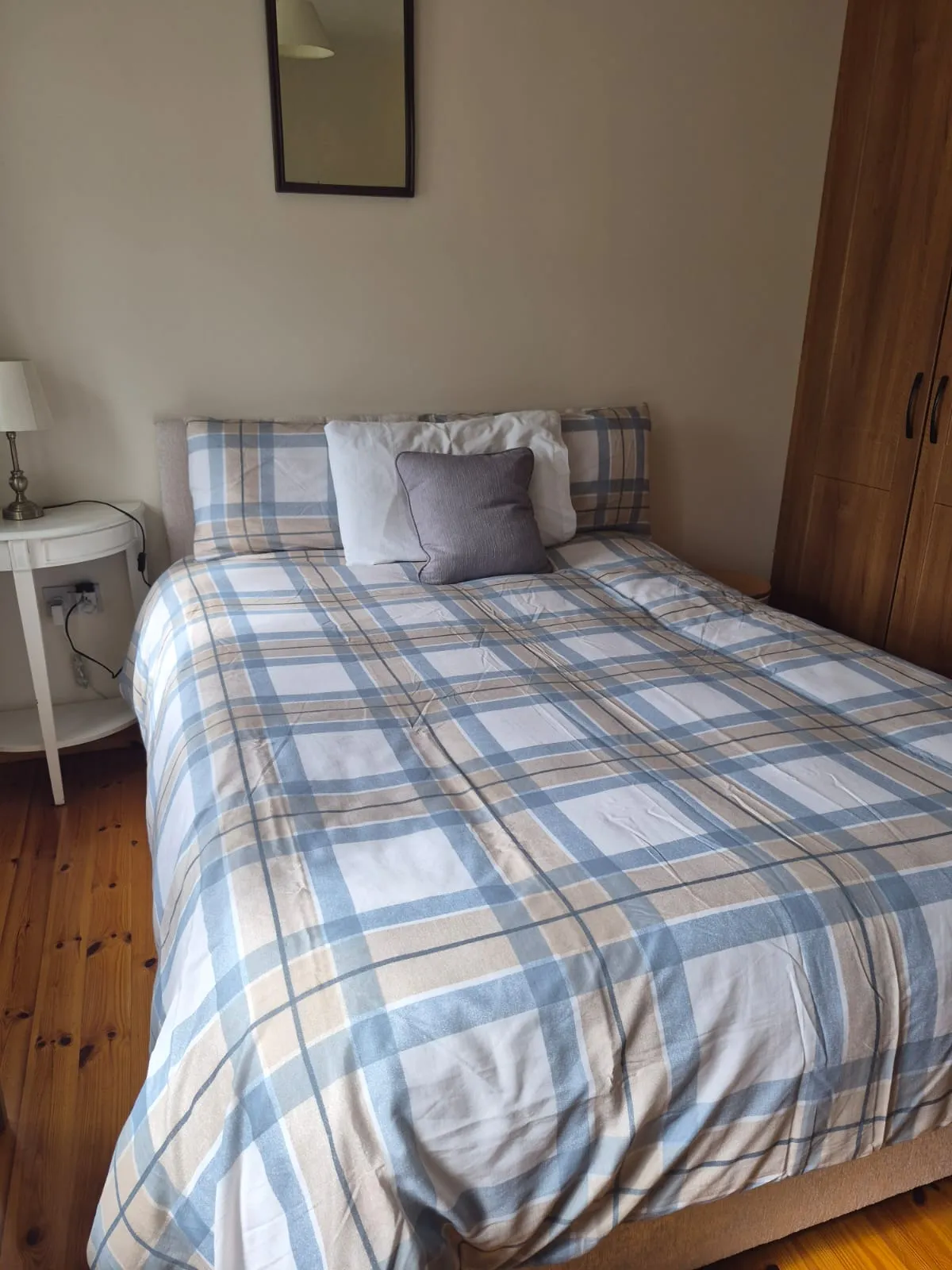 Bedroom with a double bed covered by a blue and beige plaid duvet, two pillows, a bedside table with lamp, wall mirror and wardrobe.