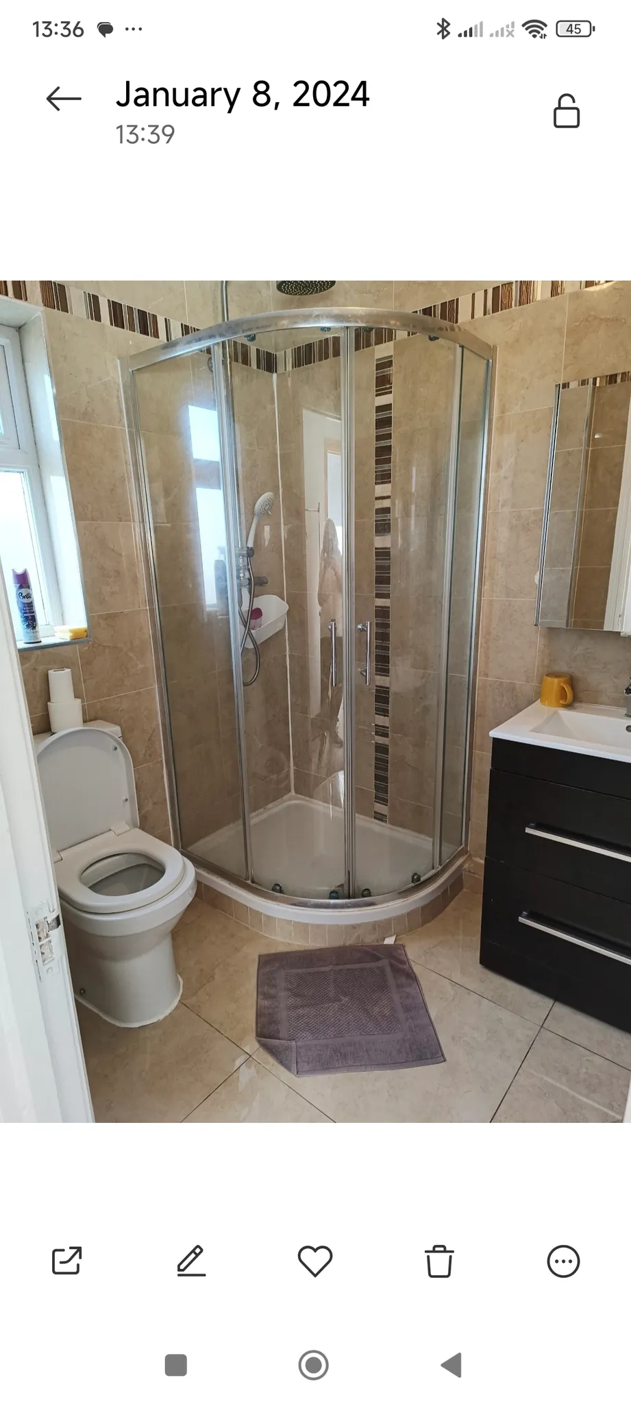 Bathroom with corner glass shower enclosure, toilet, sink vanity with mirror, and a floor mat