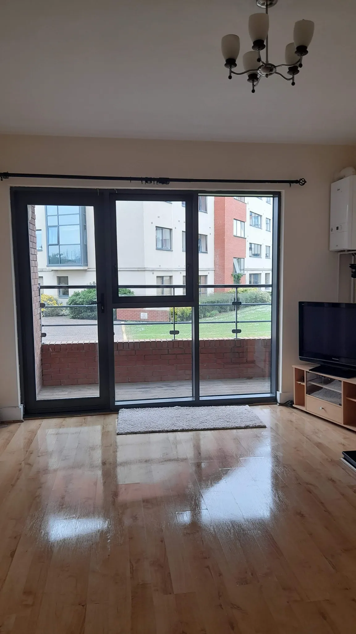 Living room with large sliding glass doors leading to a small balcony, hardwood floor, ceiling light fixture and TV on a low cabinet to the right.
