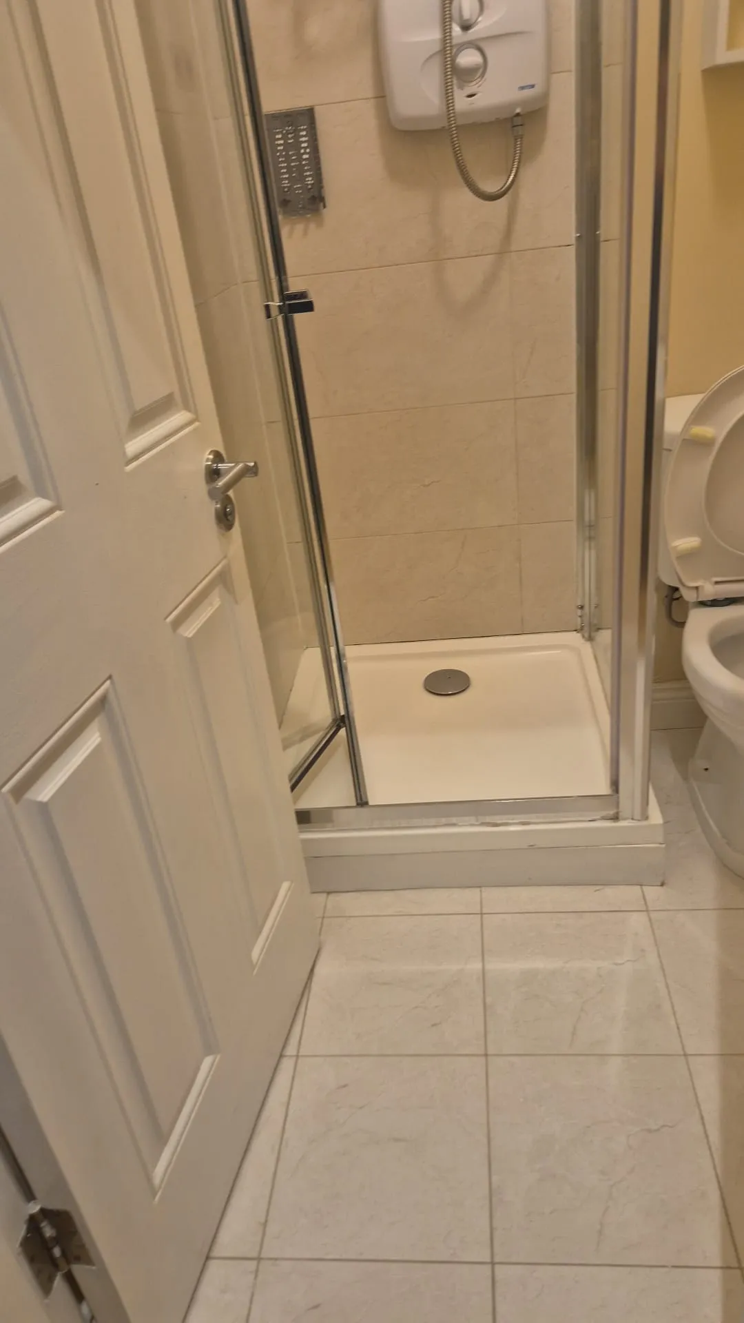 Small bathroom showing a shower stall with glass door, wall-mounted electric shower unit and a toilet partially visible to the right.