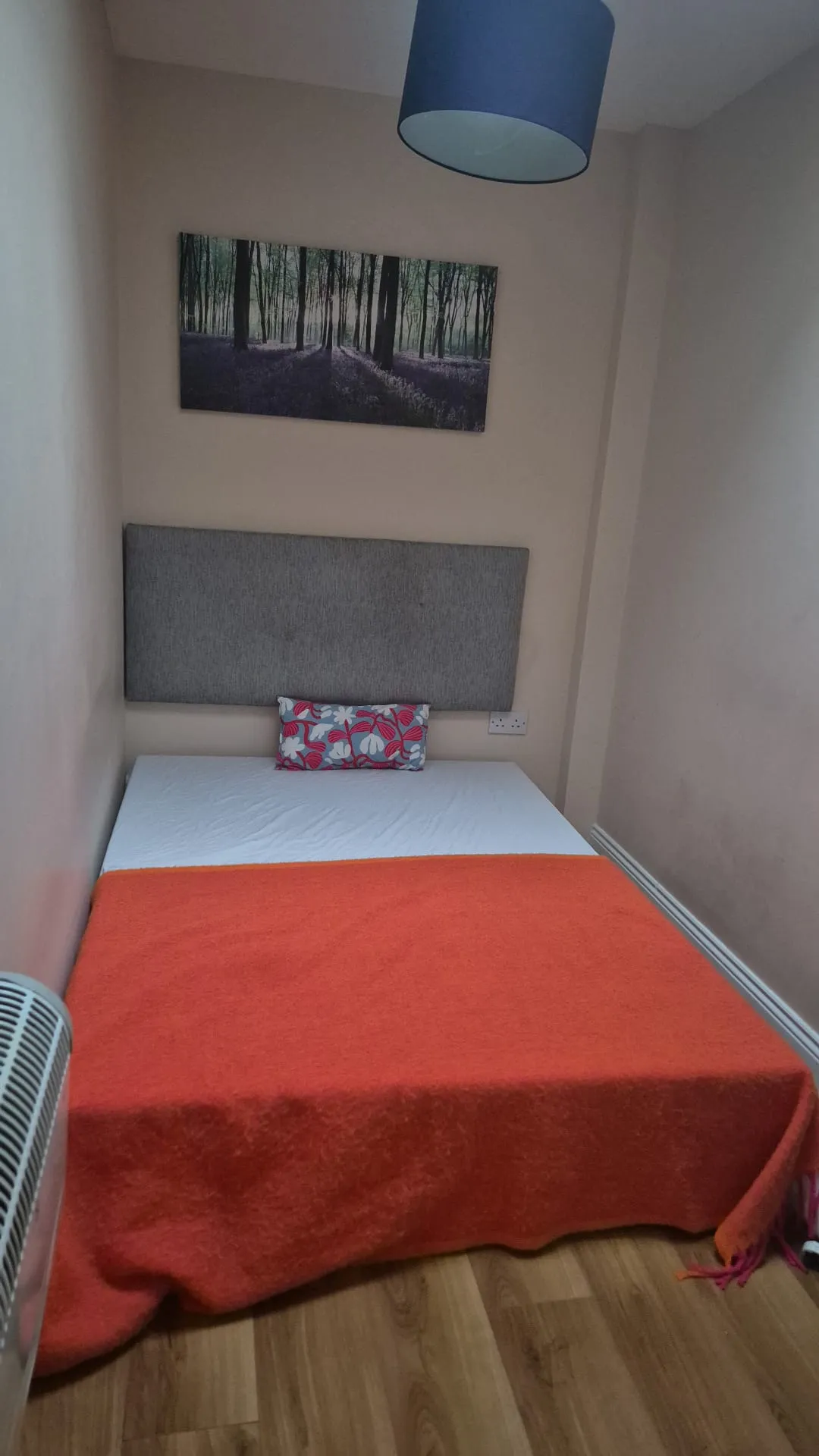 Bedroom with a bed against a wall, grey upholstered headboard, orange blanket and a decorative pillow, wall art above and ceiling light visible