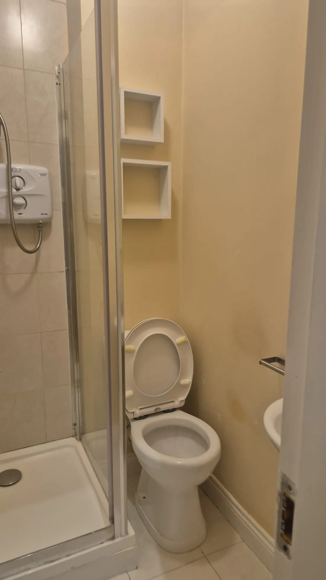 Bathroom with a toilet (seat up), adjacent glass-door shower and two recessed wall storage niches on a beige wall.