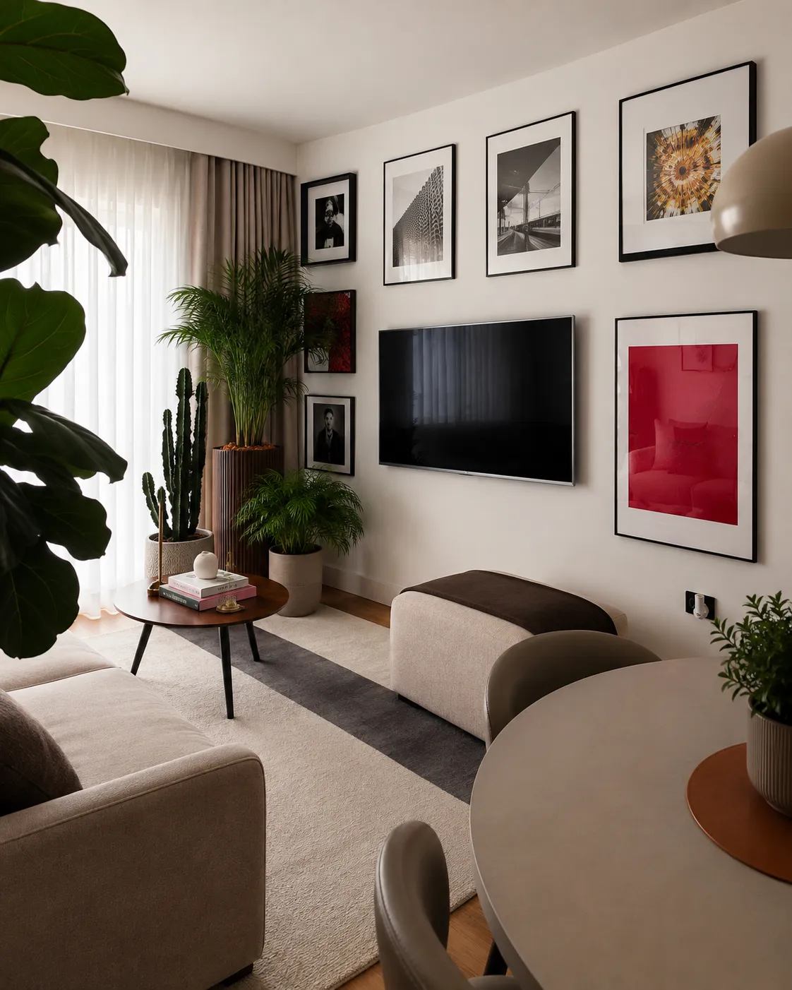 Living room with a wall-mounted TV, sofa, coffee table, ottoman, framed artwork, and several potted plants near a curtained window.