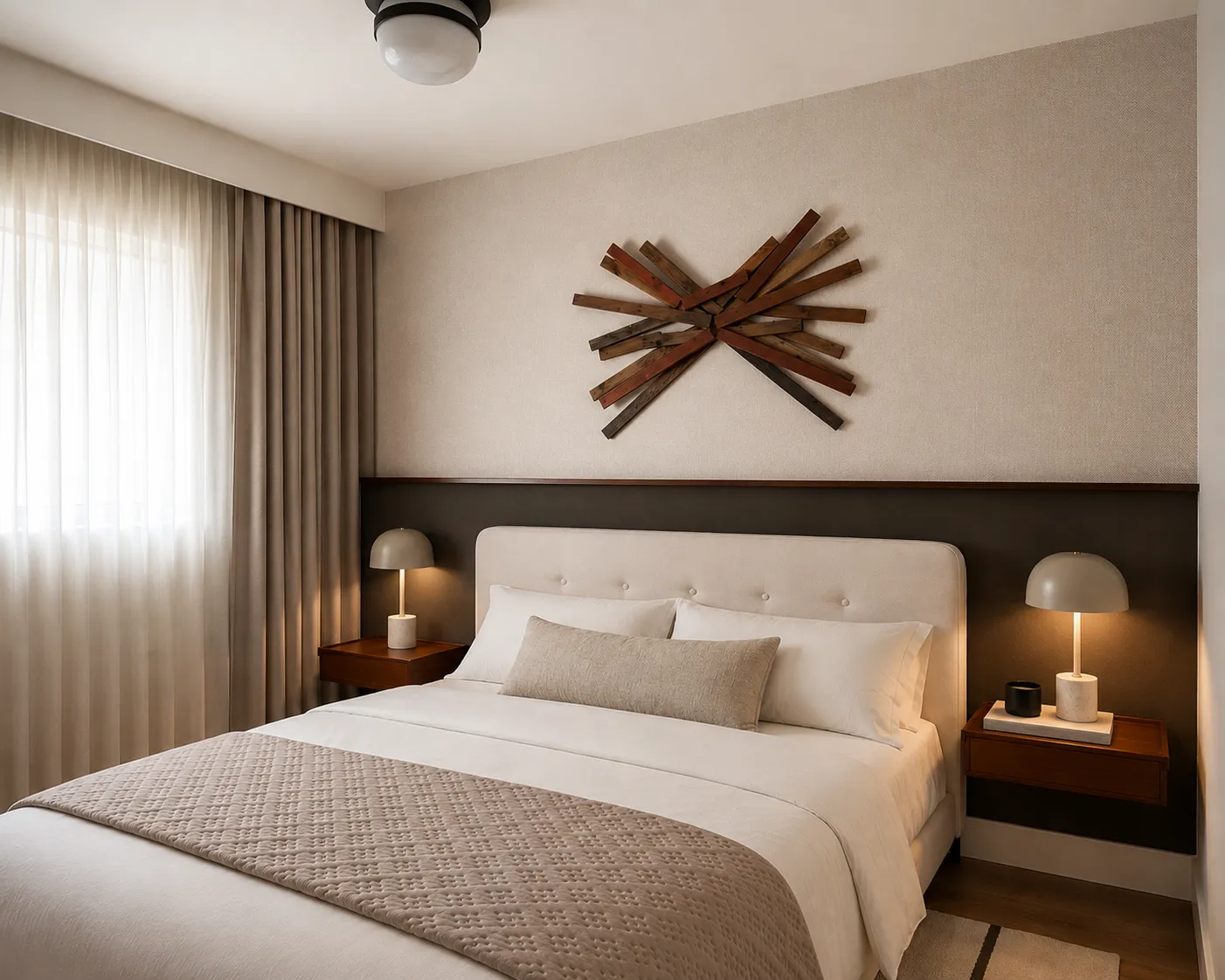 Bedroom with a double bed, upholstered headboard, two bedside tables with lamps, window with curtains, and abstract wooden wall art above the bed.