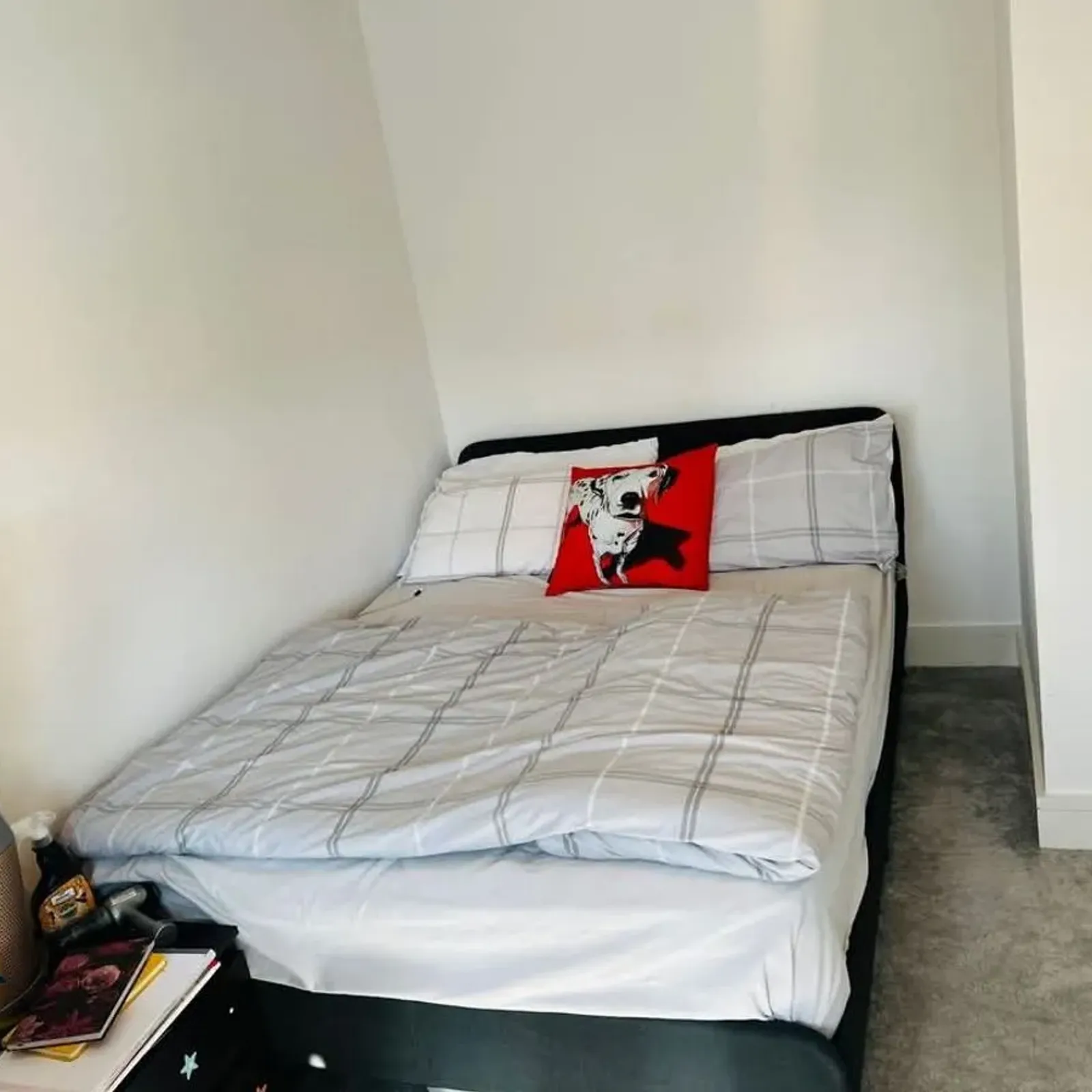 Bedroom with a double bed against a white wall, gray plaid duvet, two pillows and a red decorative cushion, small nightstand with items and a bladeless fan on the left, carpeted floor