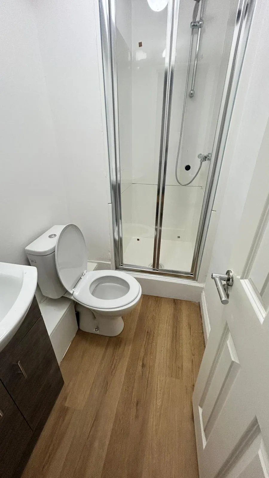 Small bathroom with a toilet (seat up), enclosed glass shower with sliding doors, sink cabinet at left, and wood-look floor.