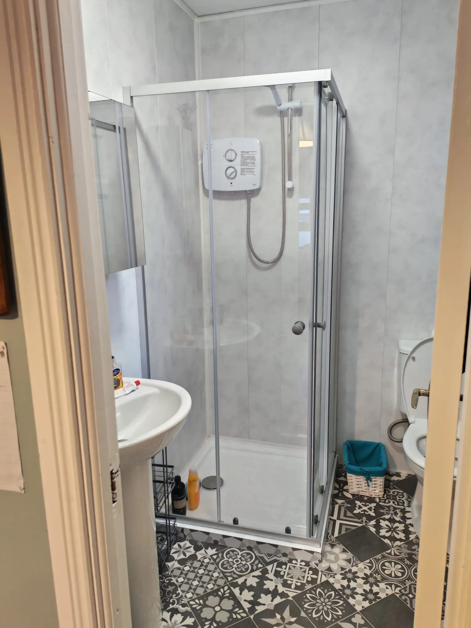 Small bathroom with a corner glass shower enclosure, wall-mounted shower unit, pedestal sink and visible toilet.