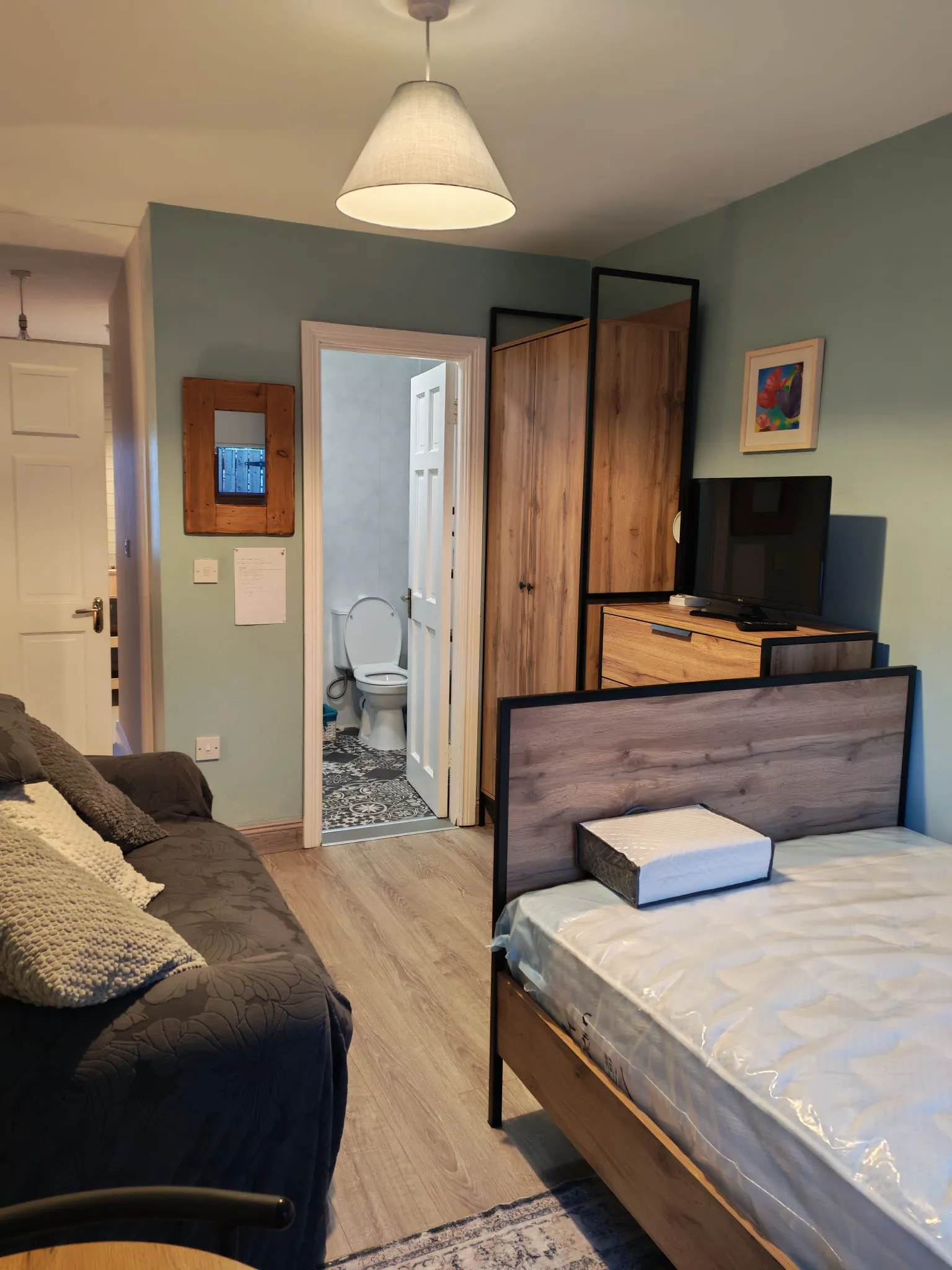 Bedroom showing a single bed frame and mattress, a sofa, wardrobe and dresser with a TV, pendant light and an open door to an en-suite bathroom with a visible toilet.