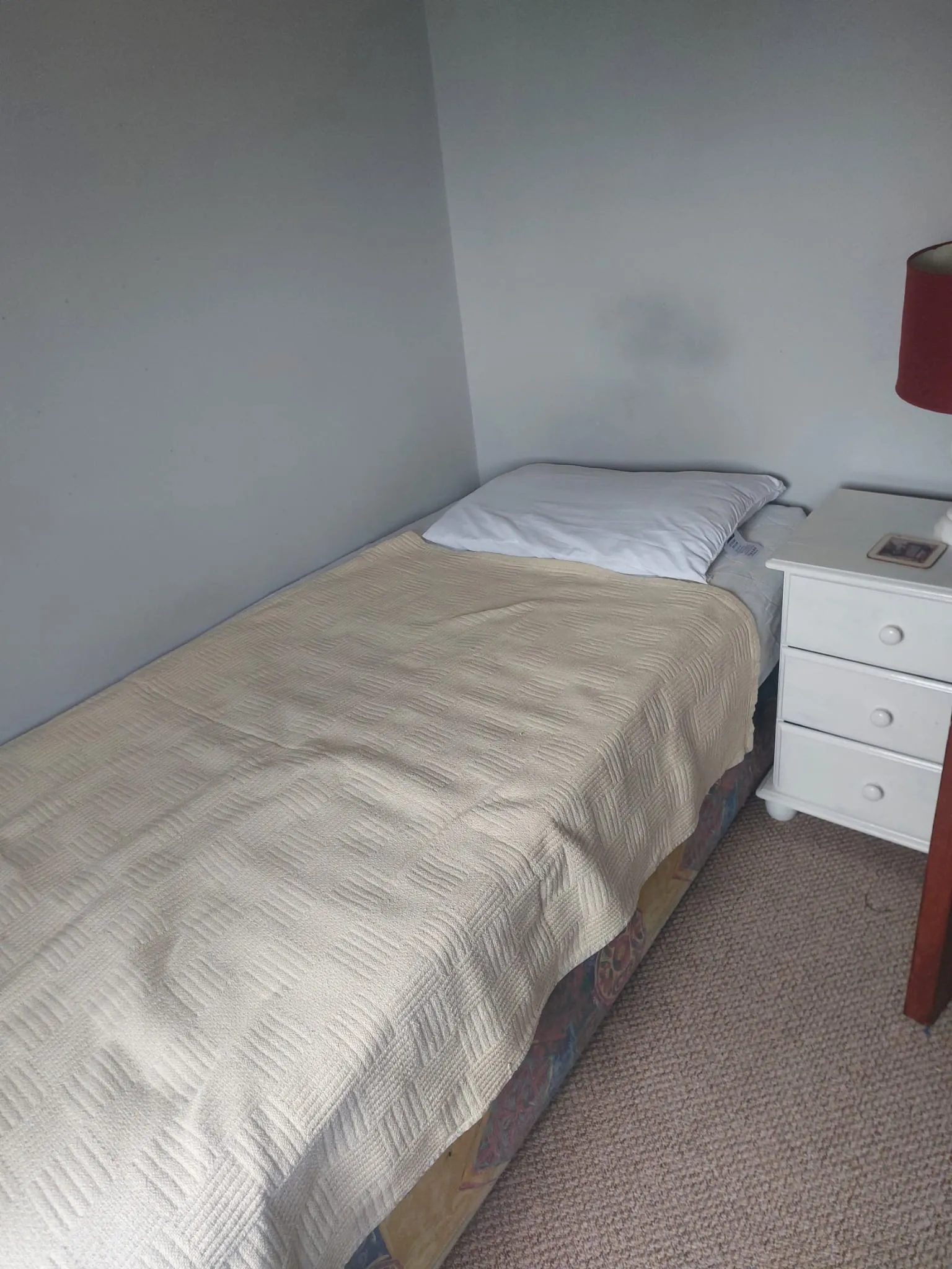 Bedroom with a single bed covered by a beige blanket, white pillow, white nightstand with a red-shaded lamp and carpeted floor