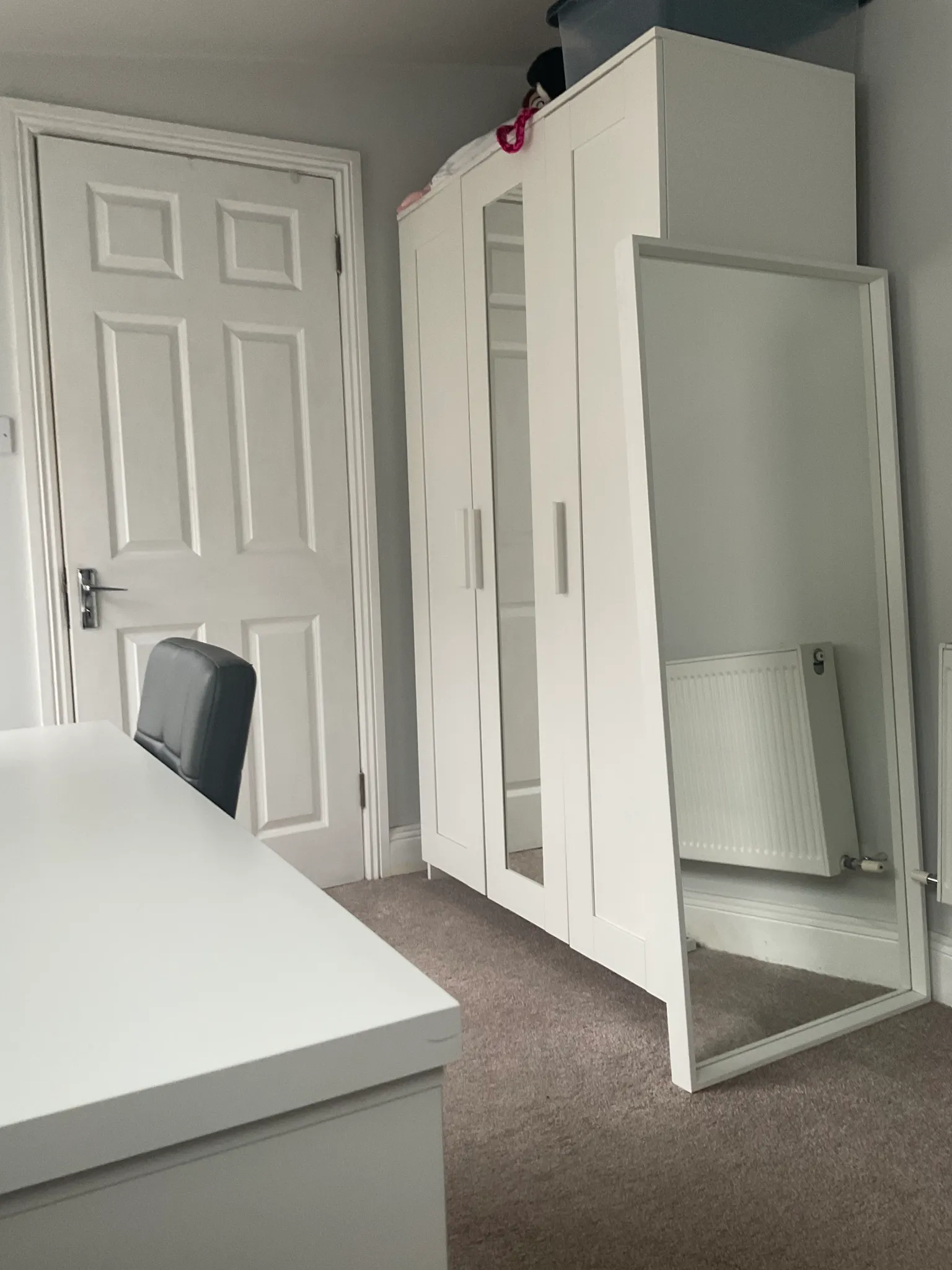 Bedroom with a white wardrobe (one mirrored door), a desk and an office chair visible next to a closed panel door and a radiator