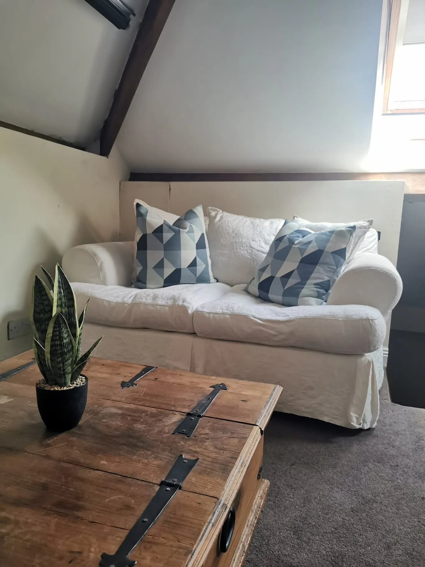 Small living area with a white two-seat sofa with patterned throw pillows, a wooden coffee table with a potted snake plant, and a sloped ceiling with a skylight.