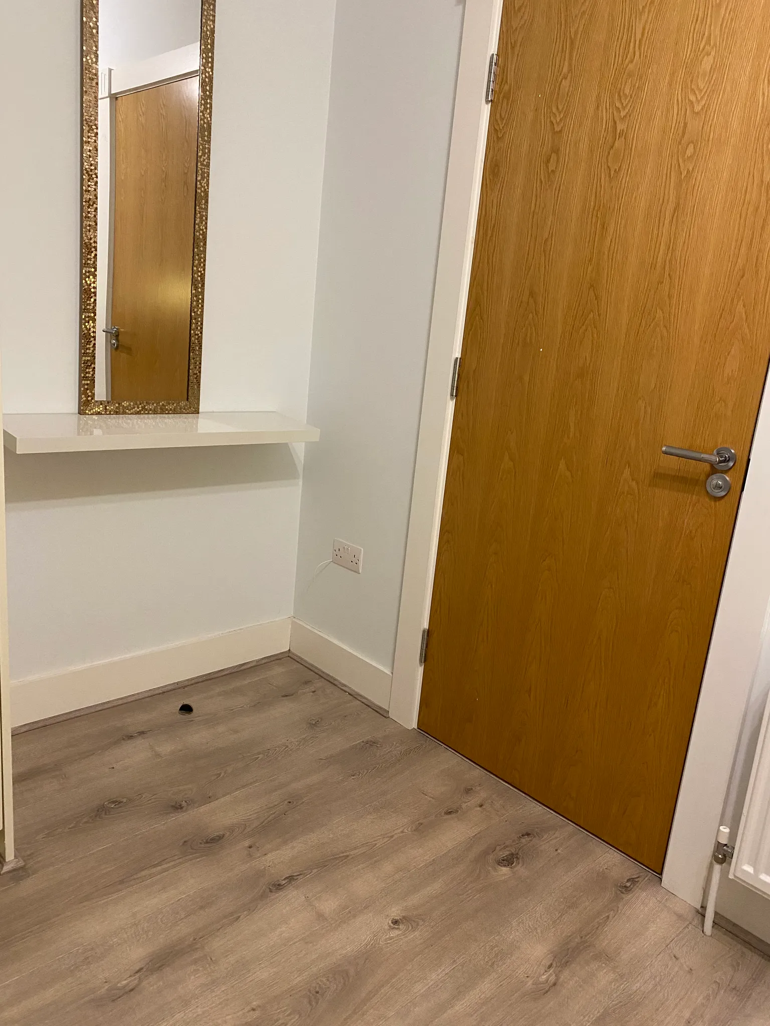 Small hallway corner with a closed wooden door, wall-mounted decorative mirror above a floating shelf and a visible power outlet, wood-effect flooring