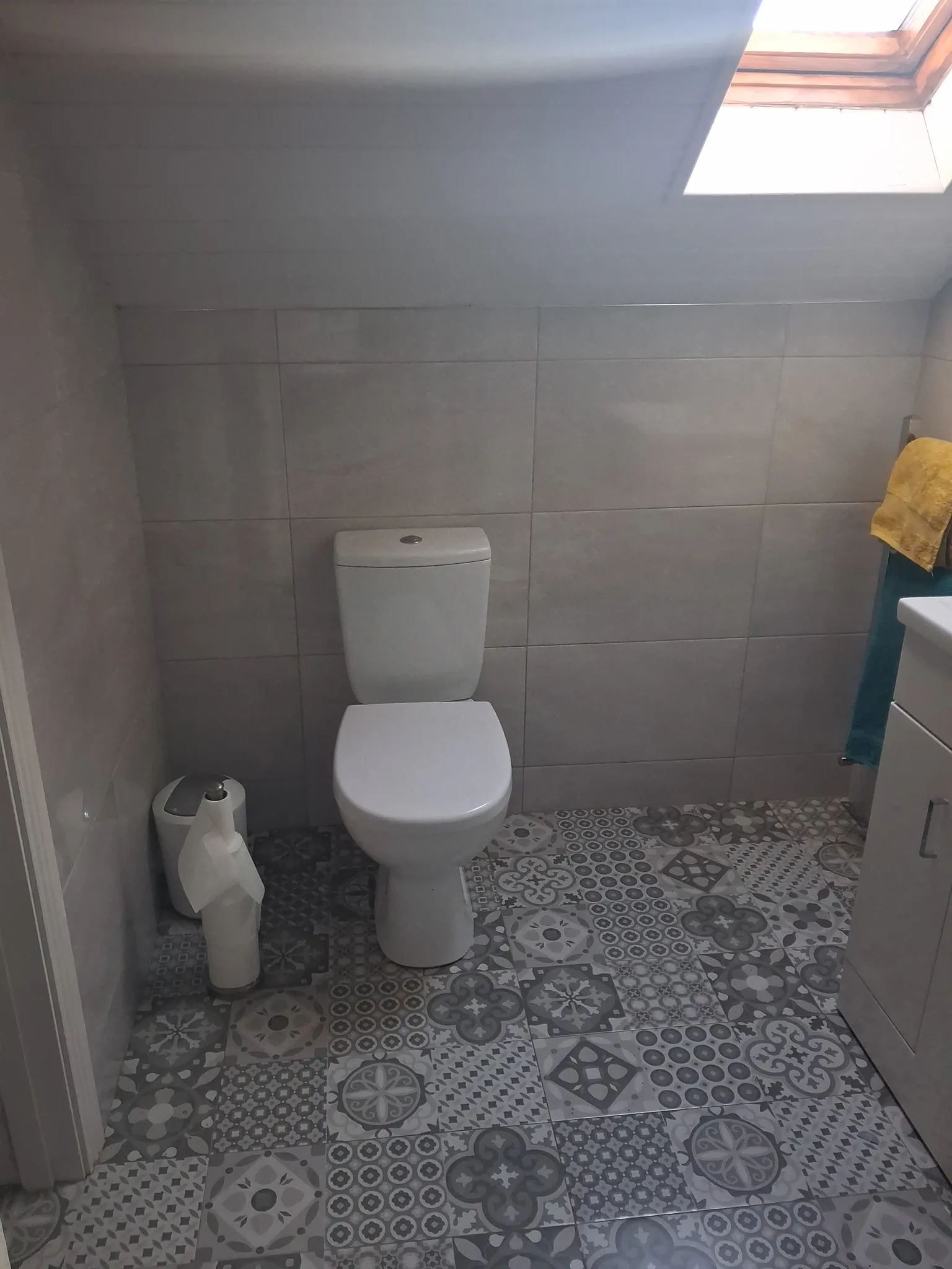 Bathroom with a toilet, patterned tile floor, skylight, and a towel on a nearby rail