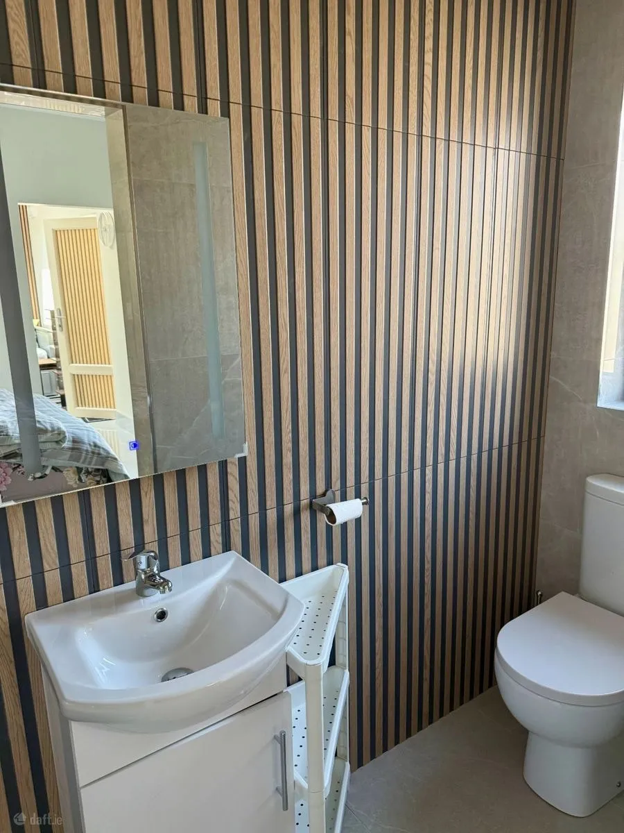 Bathroom with a sink and mirror on a striped wood-paneled wall, toilet to the right, and a small white shelving unit beside the sink.