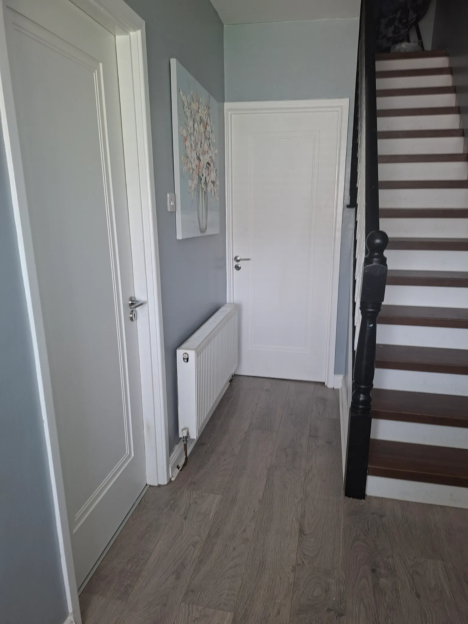 Hallway with two closed white doors, a wall-mounted radiator, a painting, and a staircase with dark banister to the right