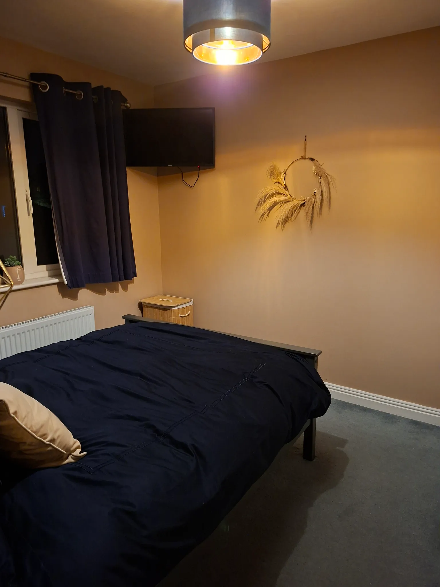Bedroom with double bed with dark blue bedding, wall-mounted TV, ceiling light fixture, window with dark curtains, radiator, and wall decoration.
