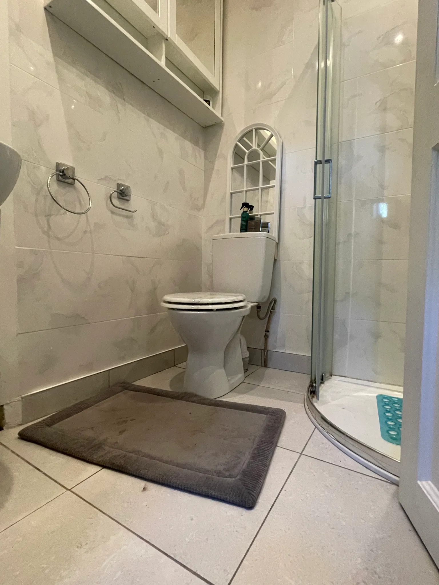 Bathroom with a toilet, glass corner shower enclosure, wall mirror above the cistern, towel rings, and a rectangular bath mat on tiled floor.