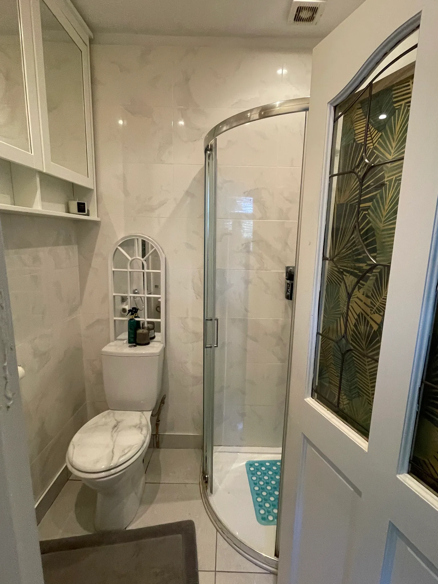 Small bathroom with a toilet, corner glass shower enclosure, wall-mounted cabinet with mirrored doors, and a partially open door with decorative glass.