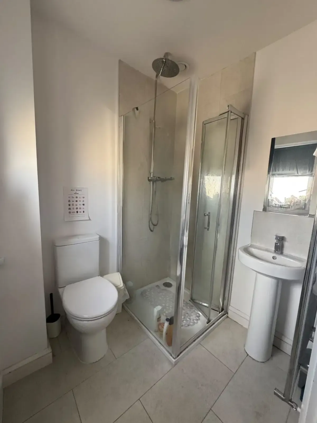Bathroom with a corner glass shower enclosure, toilet, pedestal sink and a mirror.