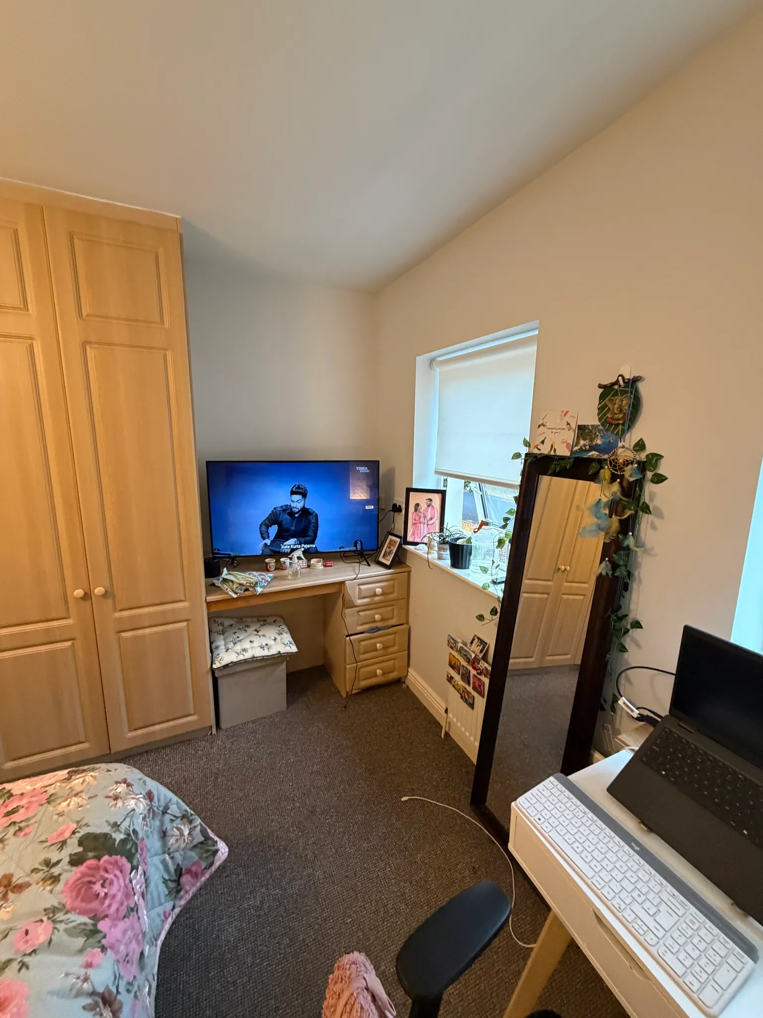 Bedroom corner with built-in wardrobe, desk with a TV and small drawers, window with a roller blind, tall mirror with plants, and part of a bed and desk with a laptop visible