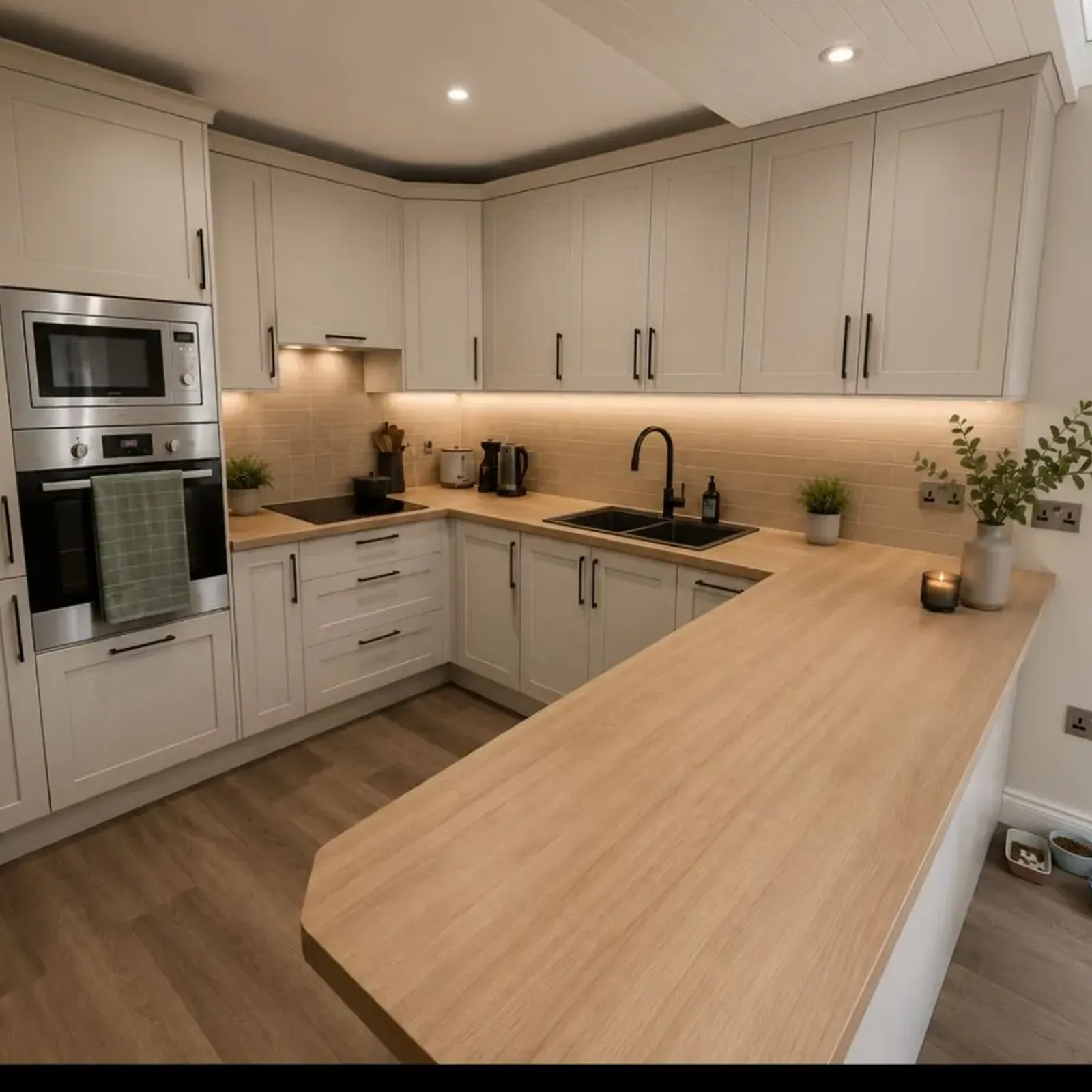 Kitchen with L-shaped wooden countertop and bar, built-in oven and microwave, sink with black faucet, upper cabinets, under-cabinet lighting and small appliances on the counter.