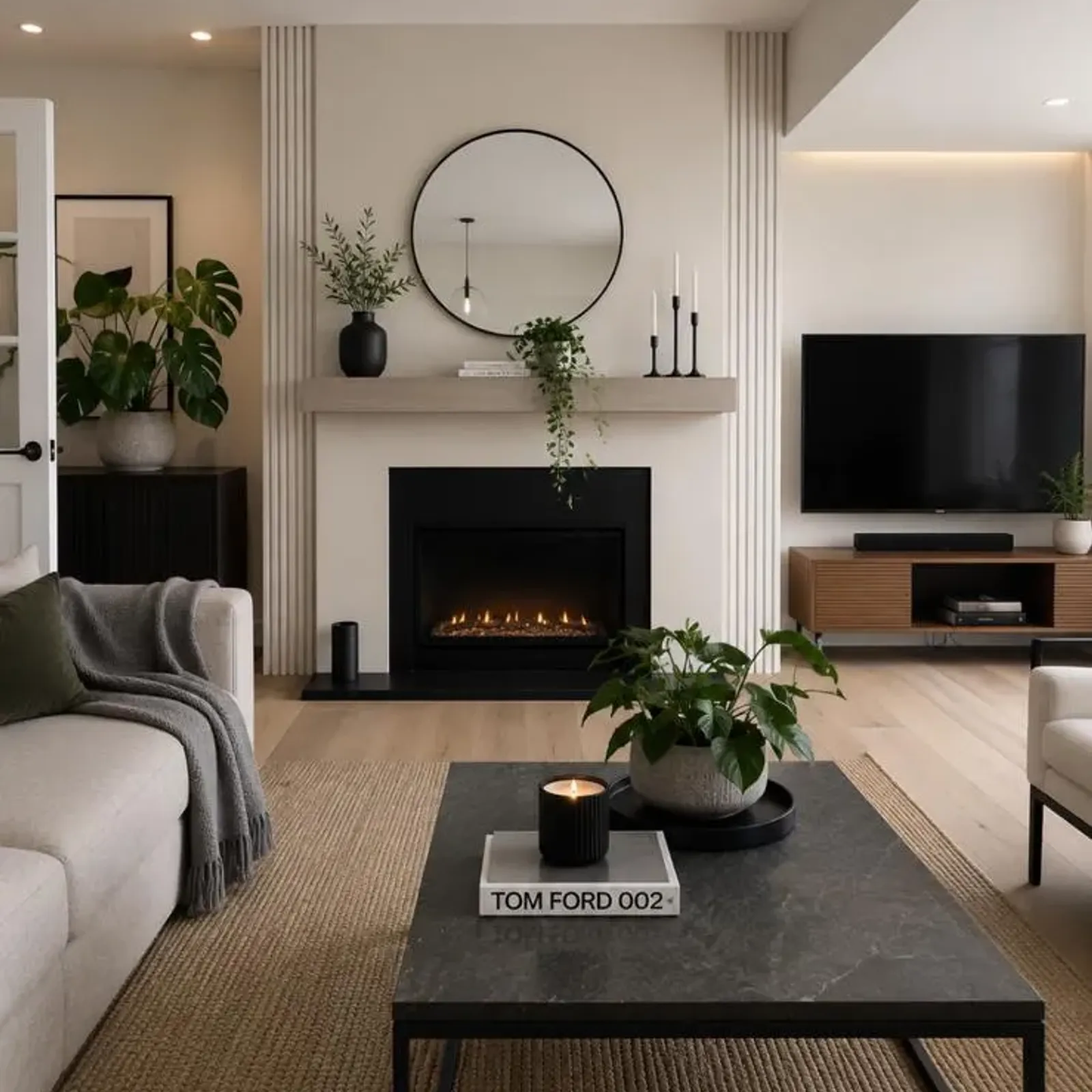 Living room with a fireplace, round mirror above the mantel, wall-mounted TV, coffee table with plant and candle, and sofas on either side.