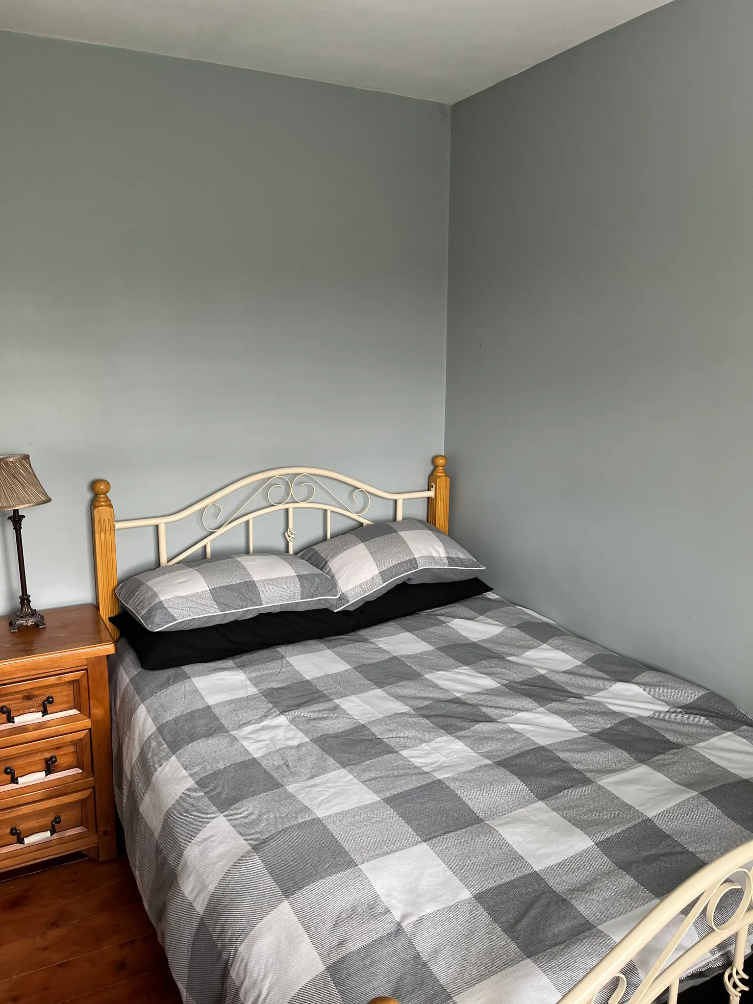 Bedroom with a double bed featuring a gray and white checkered comforter and pillows, metal bed frame with wooden posts, wooden nightstand with lamp, and gray walls.