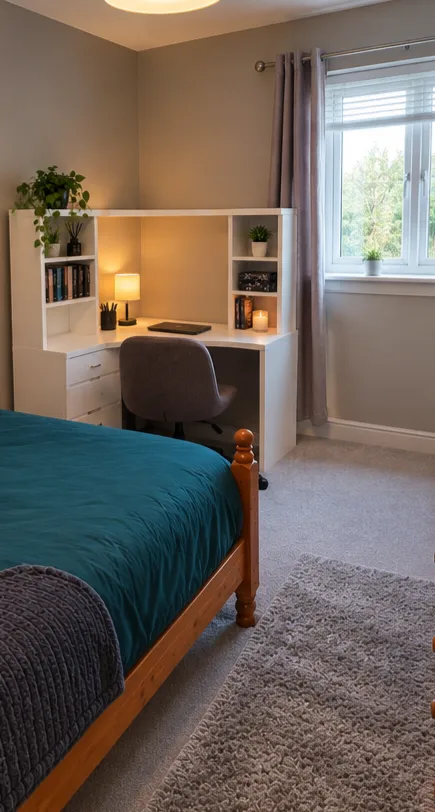 Bedroom with a bed with teal duvet, a white desk with hutch and chair, a lit desk lamp, potted plants, books, and a window with curtains.