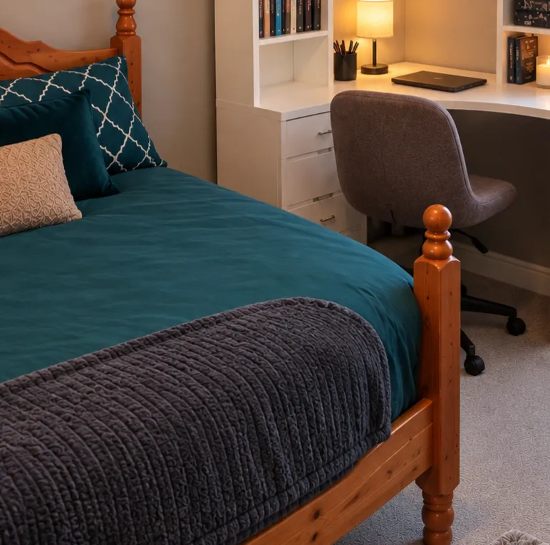 Bedroom with a wooden bed frame, teal bedding and pillows, a gray throw, and a desk with a chair and lamp in the corner.