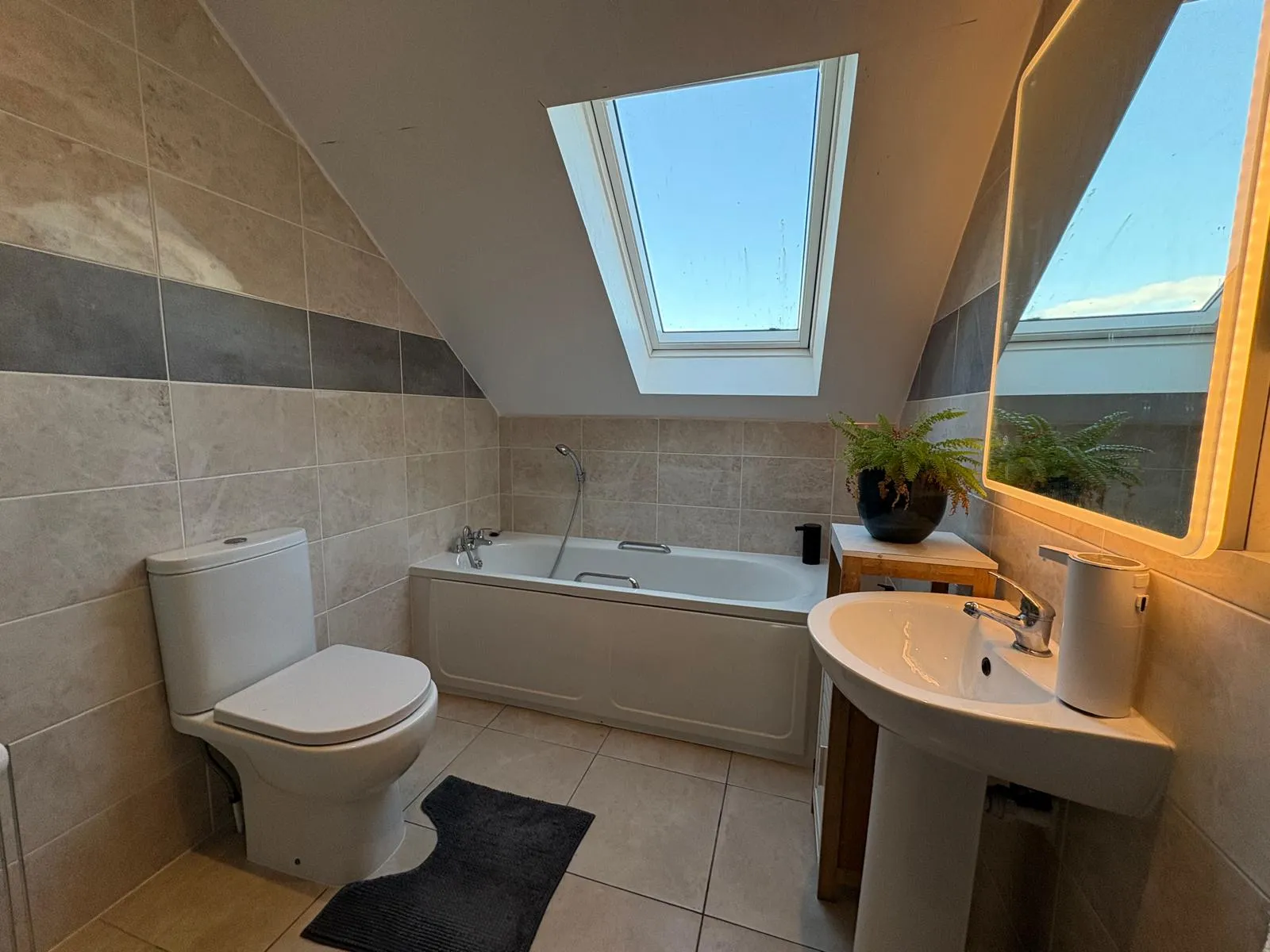Bathroom with a bathtub under a skylight, a toilet, a pedestal sink with mirror, and a potted plant on a small table.