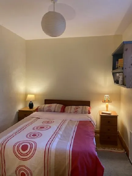 Bedroom with a double bed centered against a plain wall, two bedside tables each with a lamp, a ceiling pendant light, and a wall shelf with books on the right.