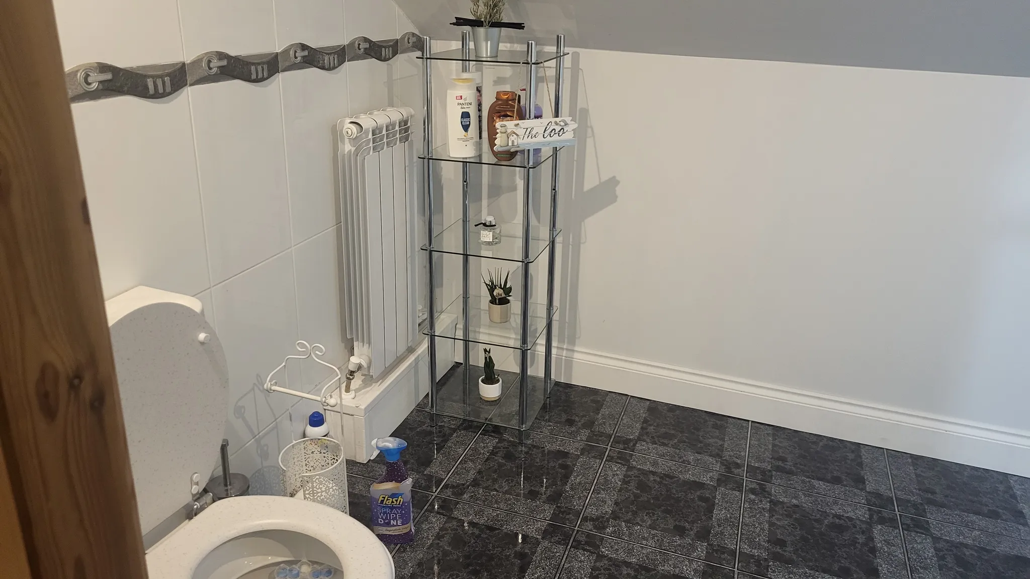 Bathroom corner showing a toilet seat, wall radiator, glass shelving unit with toiletries and small plants, and tiled floor.