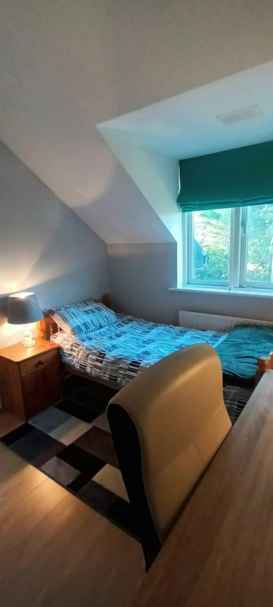 Bedroom with a single bed, bedside table and lamp, window with a green blind, desk and chair.