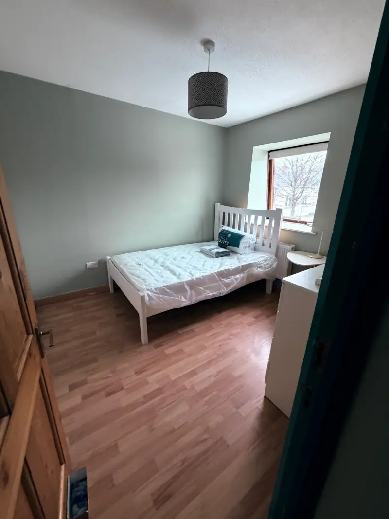 Bedroom with a single bed by a window, a small bedside table, radiator and overhead lampshade.