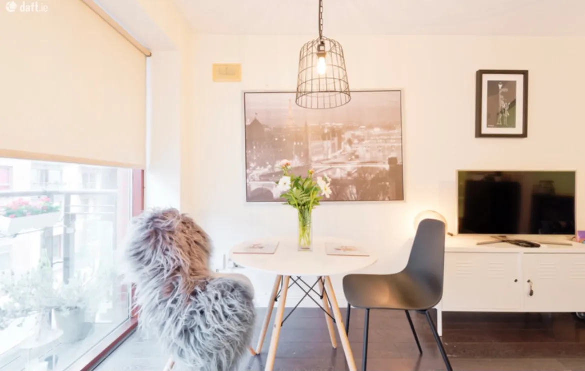 Dining area with a small round table set for two, two chairs (one with a faux-fur cover), a vase of flowers, a wall-mounted picture, pendant light, TV on a low sideboard, and a large window with a roller blind.