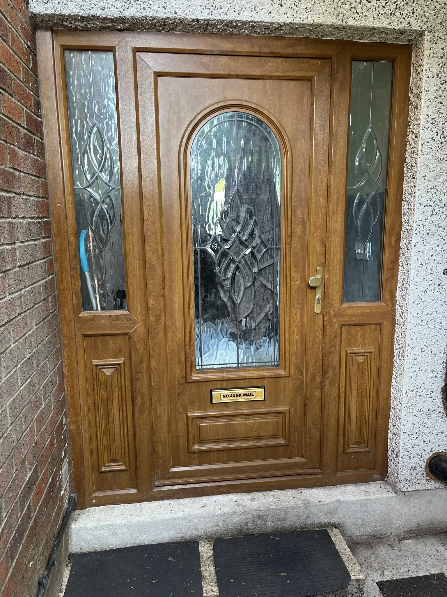 Exterior wooden front door with decorative textured glass panels, brass handle and a mail slot reading 'NO JUNK MAIL', concrete step and doormats in front.