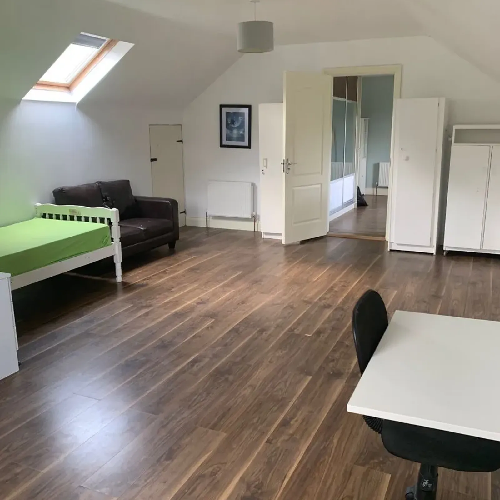 Bedroom with a single bed, a sofa, a desk and office chair, skylight window, wardrobe and open door, wood-look floor.