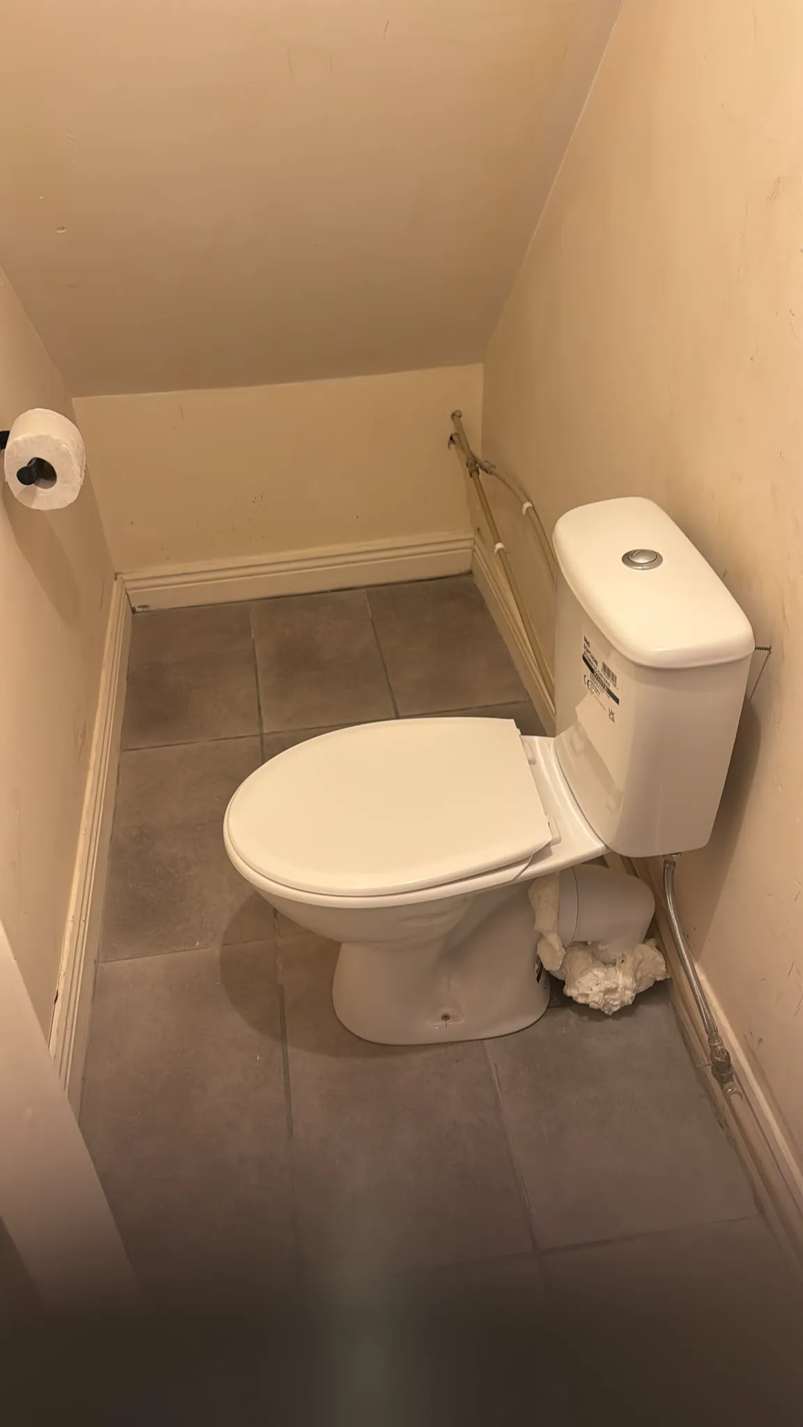 Small bathroom with a white toilet, exposed plumbing at the right wall, a toilet paper holder on the left, and tiled floor
